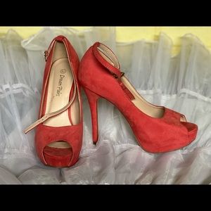 High heeled ankle strap pumps watermelon color with a 4inch heel